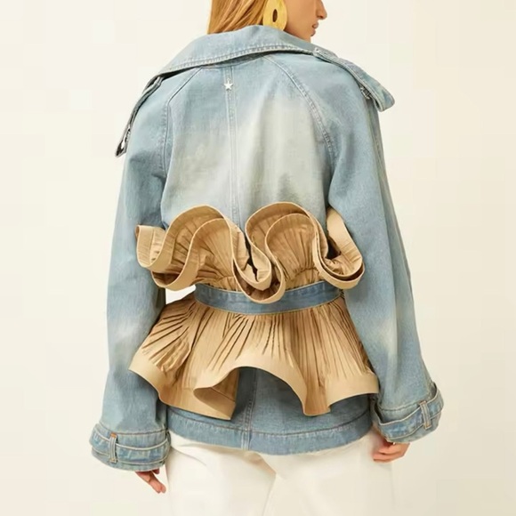 NEW WOMENS DENIM PATCHWORK RUFFLES JACKET MEDIUM - Picture 8 of 11
